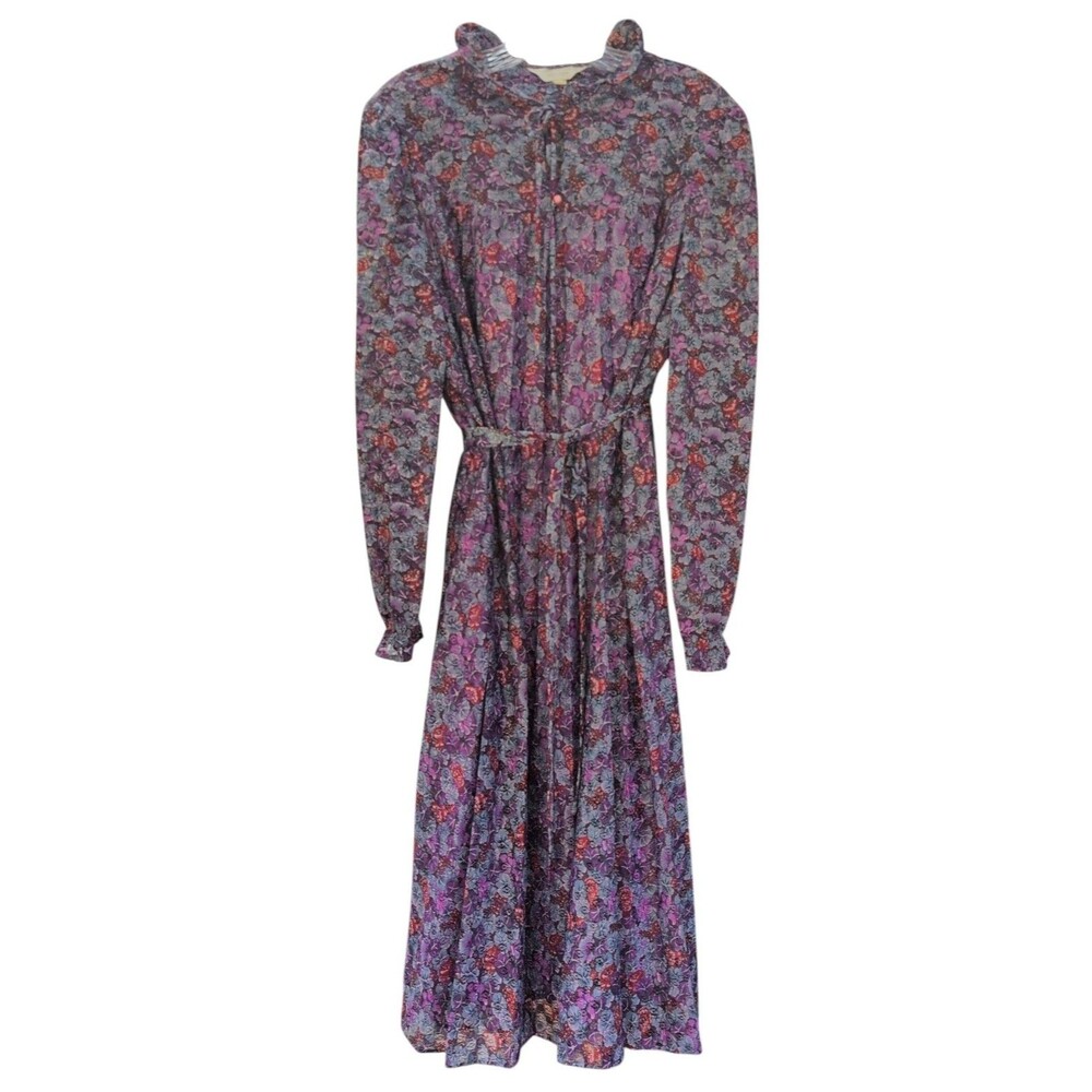 Vintage JCPenney Fashions Purple Micro Floral Prairie Maxi Dress Belted Boho S
